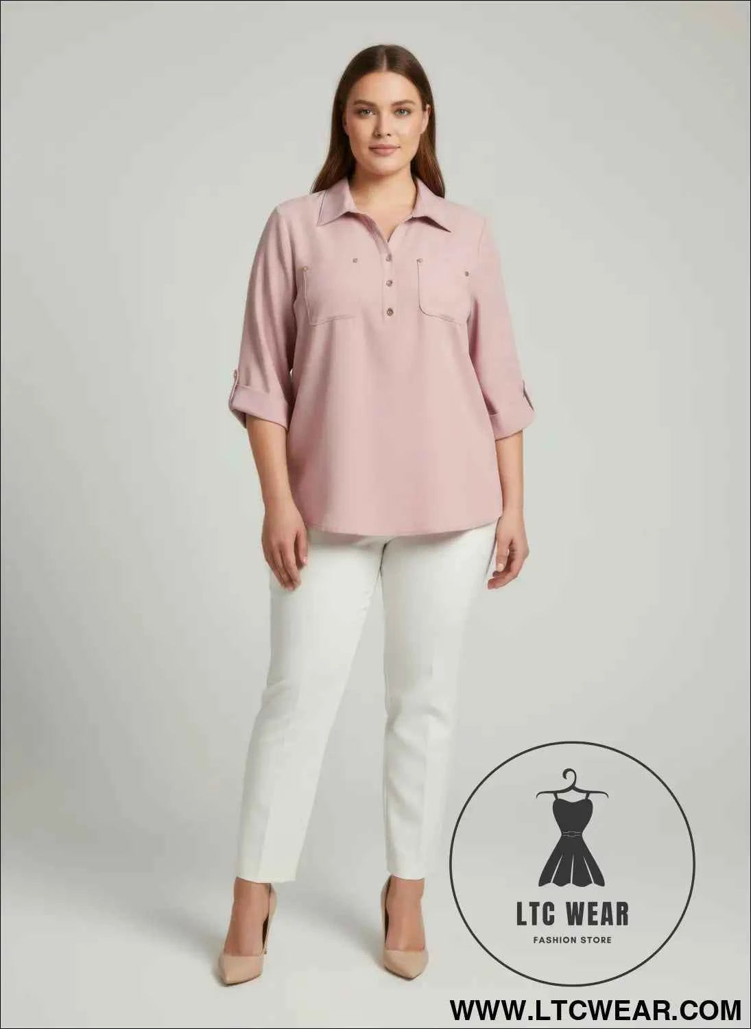 Blush Roll Sleeve Blouse with Utility Button Front