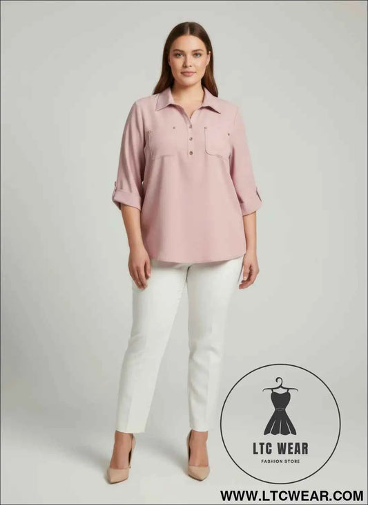 Blush Roll Sleeve Blouse with Utility Button Front