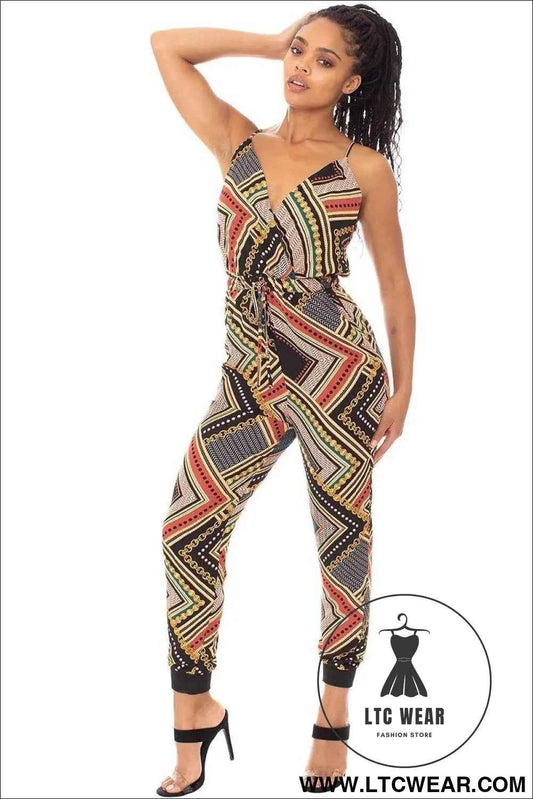 Boarder Print Wrap Drawstring Waist Jumpsuit