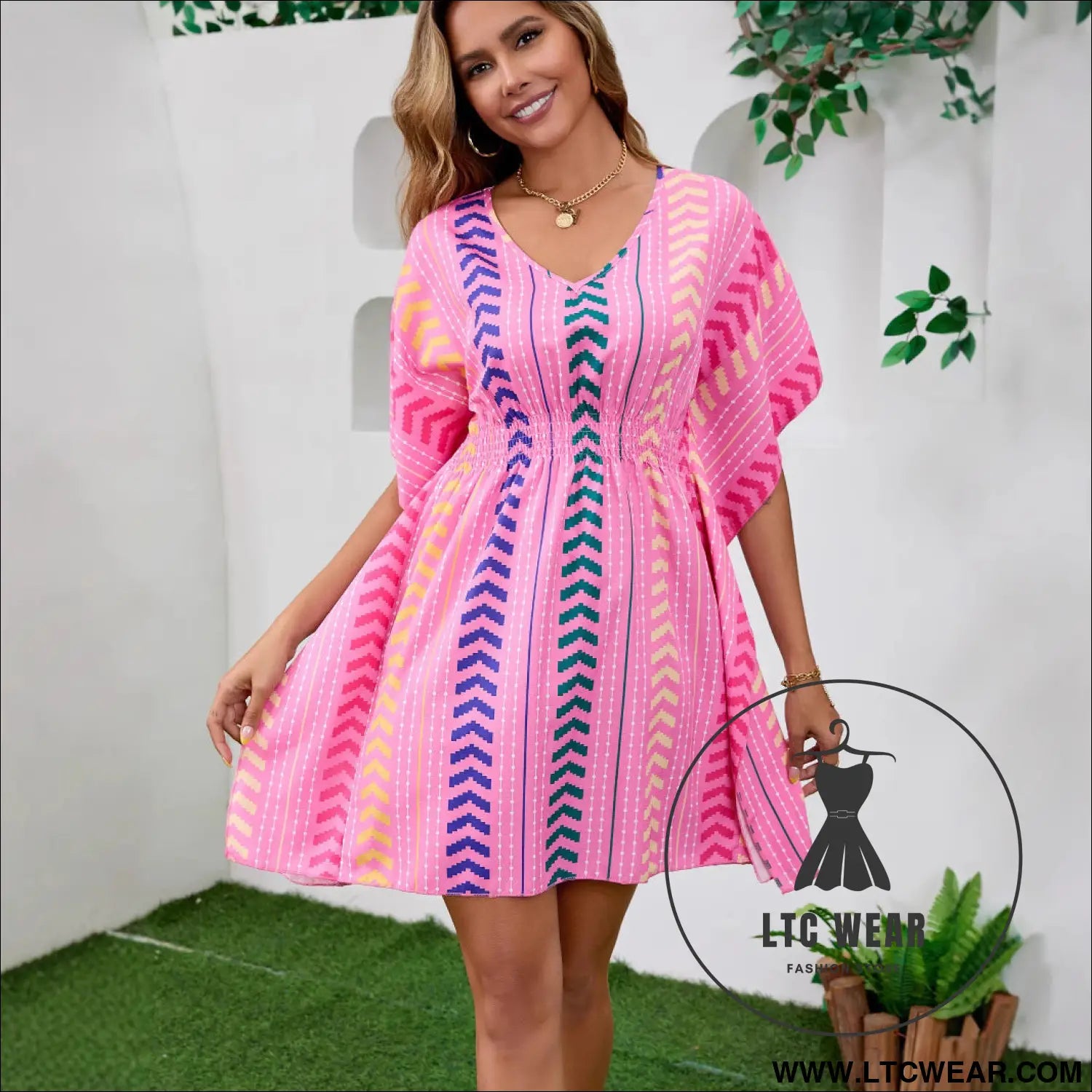Bohemian vacation style printed sweet dress v-neck kaftan