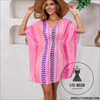 Bohemian vacation style printed sweet dress v-neck kaftan - crimson red / s
