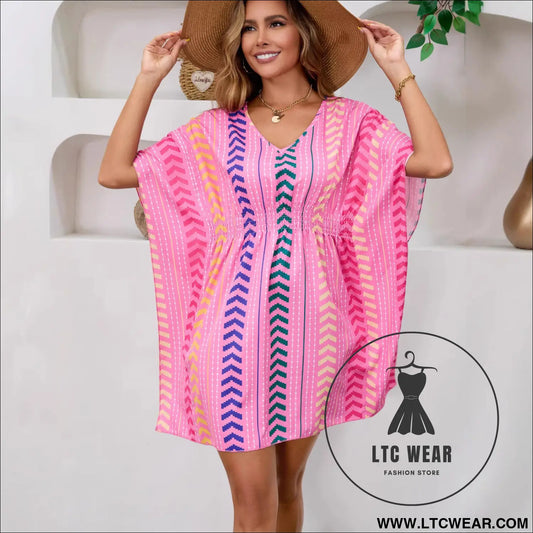 Bohemian vacation style printed sweet dress v-neck kaftan - crimson red / s