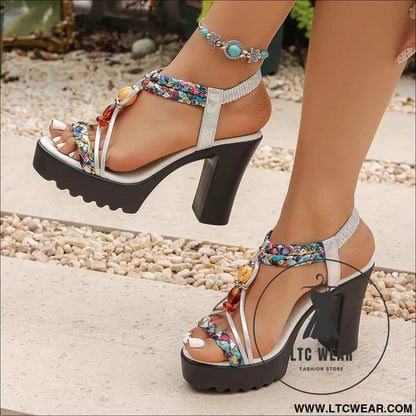 Boho Beaded Woven Summer High Heel Fashion Sandals