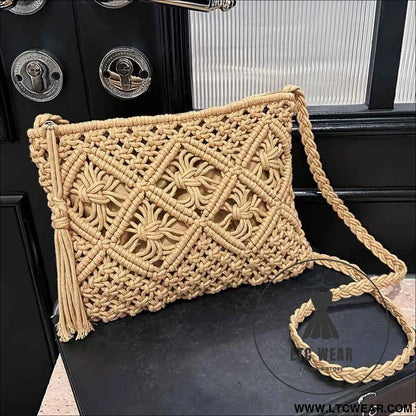 Boho Chic Handwoven Geometric Tassel Beach Tote Bag
