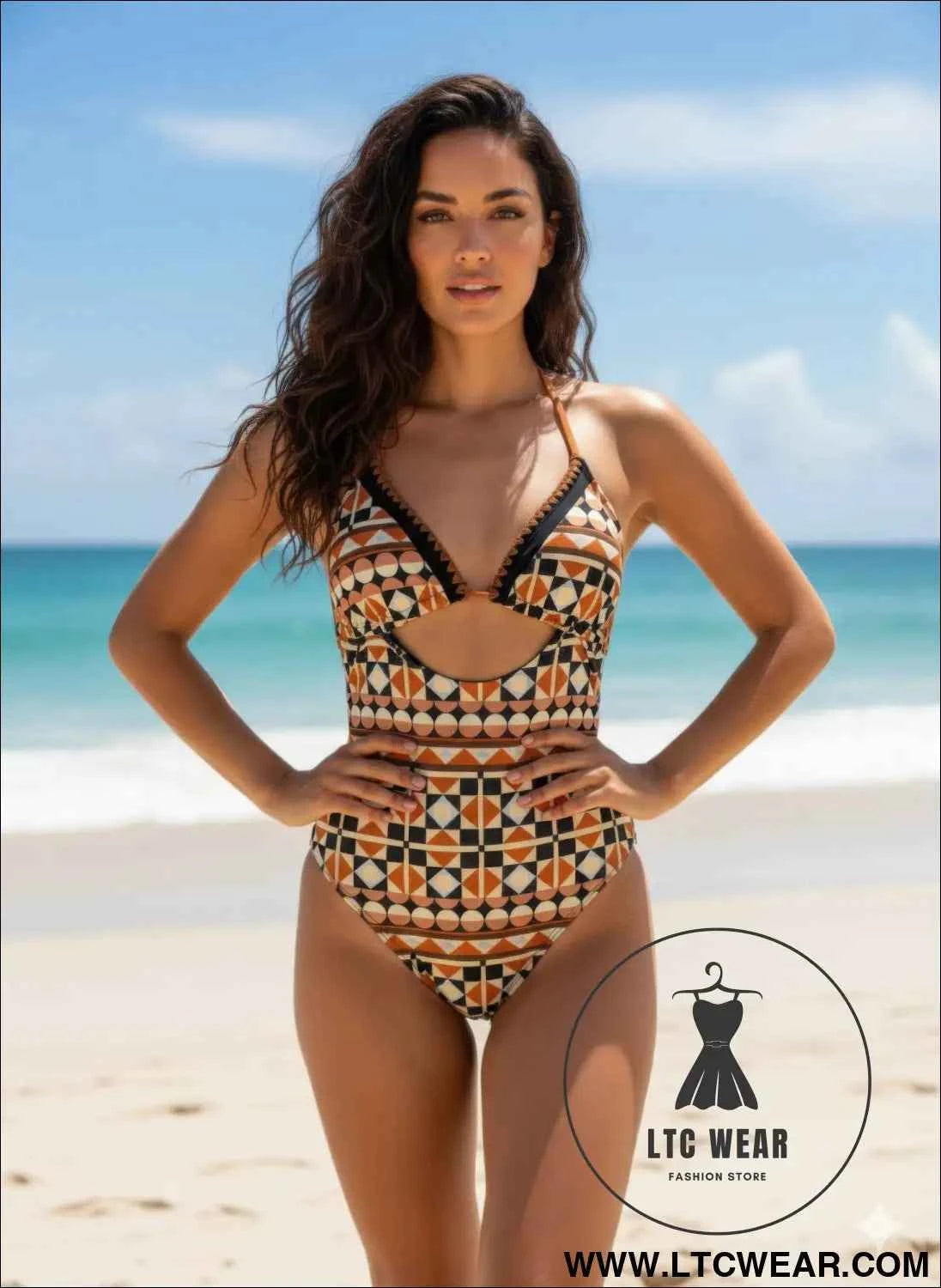 Boho Monokini with Geometric Print and Cut Out Design