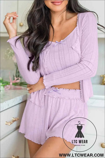 Bonbon Delicate Texture Cropped Cami Shorts and Cardigan 3pcs Lounge Set