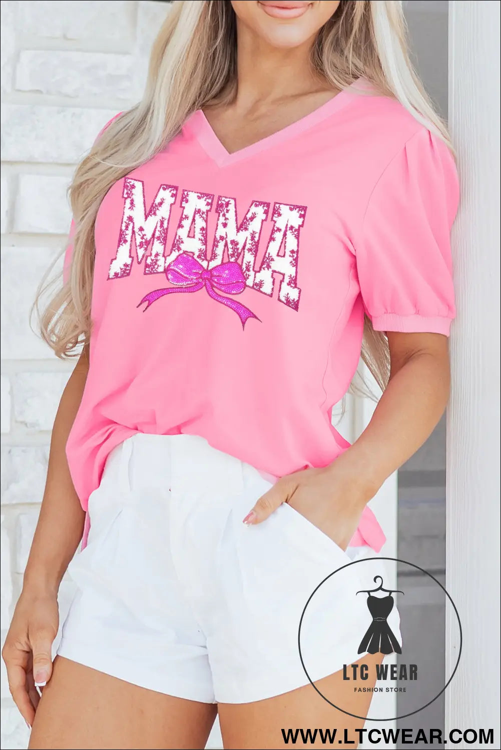 Bonbon floral mama lettering sequin bow v neck top - graphic tees