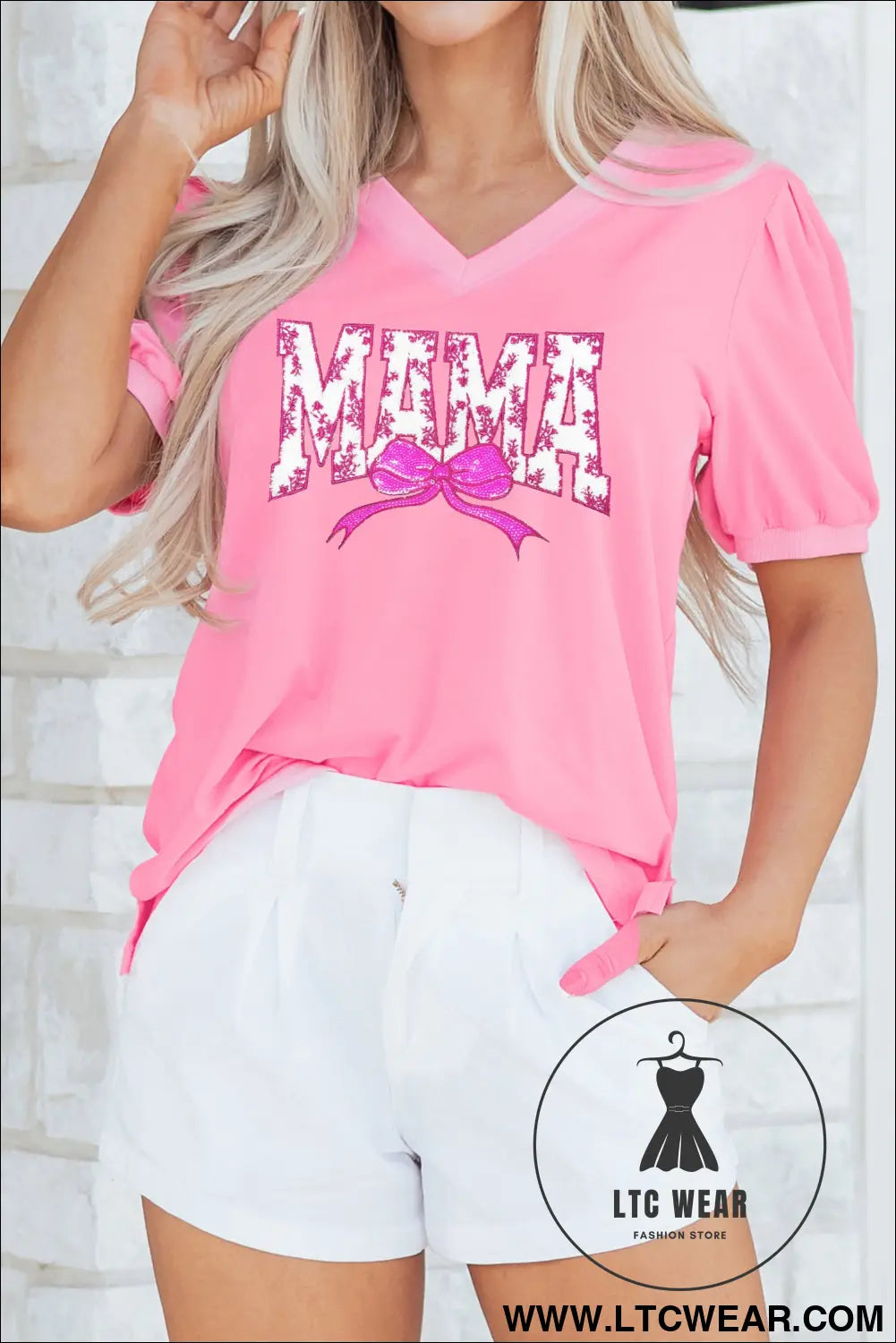 Bonbon floral mama lettering sequin bow v neck top - bonbon / l / 62% polyester + 32% cotton + 6% elastane - graphic