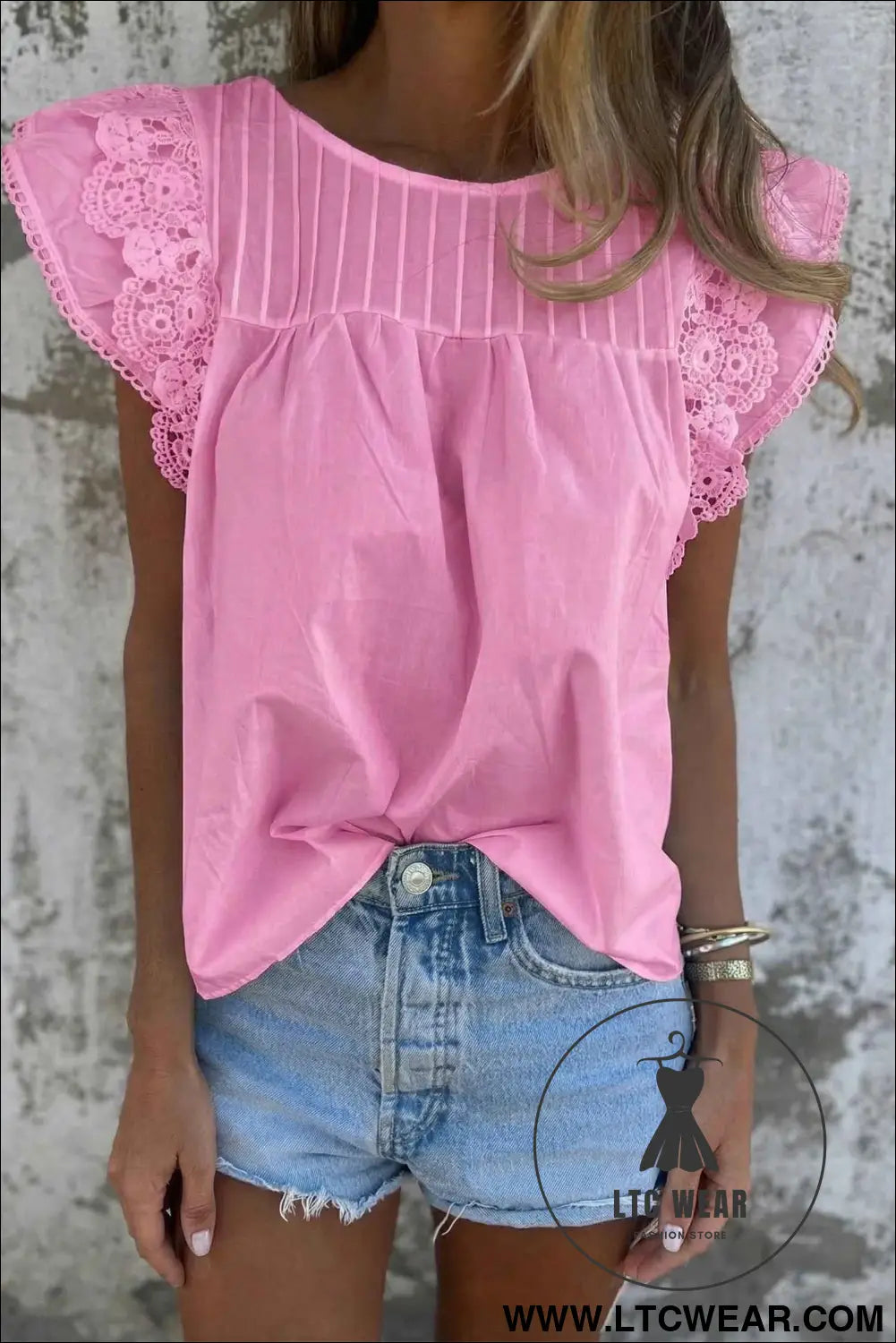 Bonbon Lace Detail Flutter Sleeve Pleated Round Neck Blouse