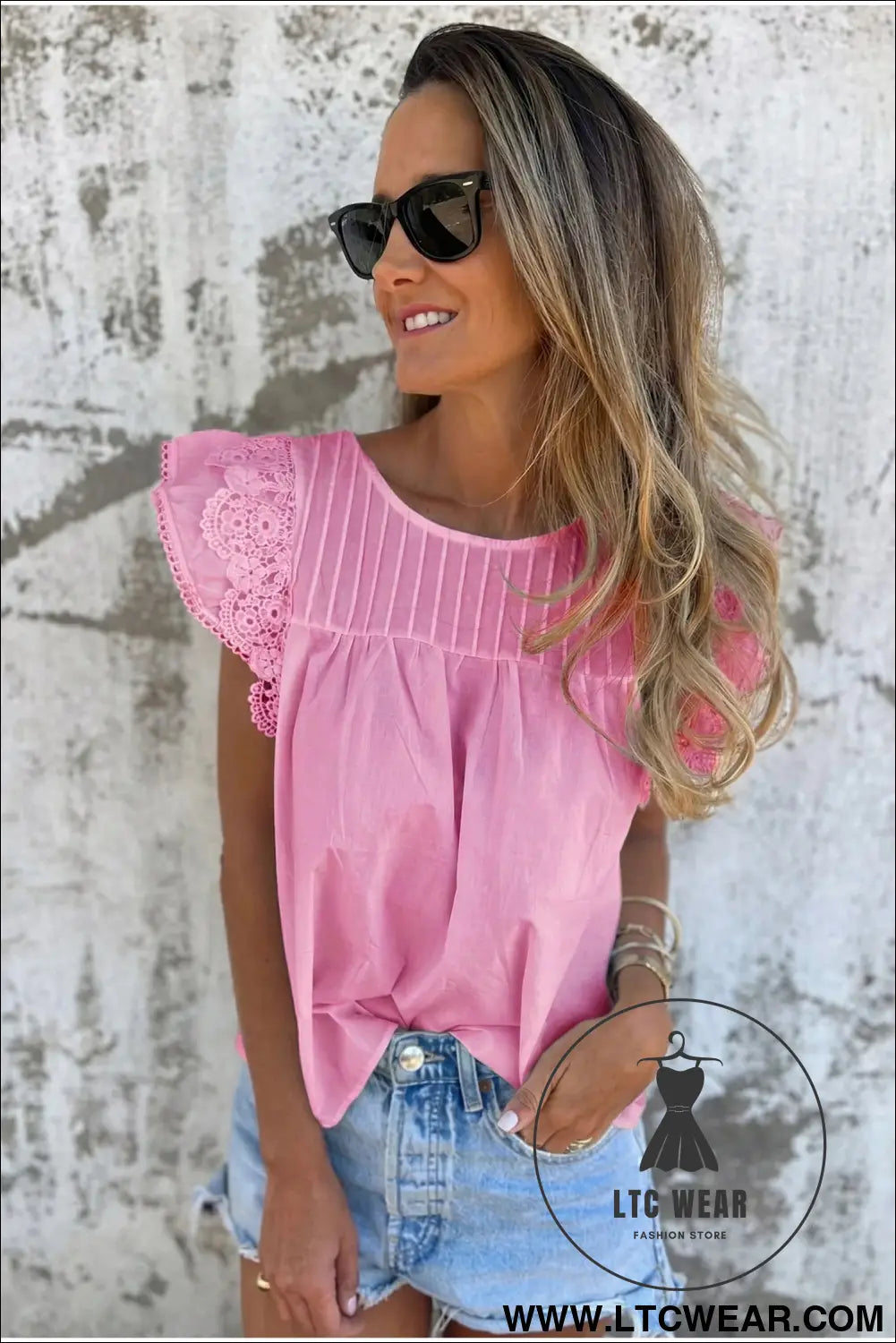 Bonbon Lace Detail Flutter Sleeve Pleated Round Neck Blouse - L.T.C Wear Online Fashion Store