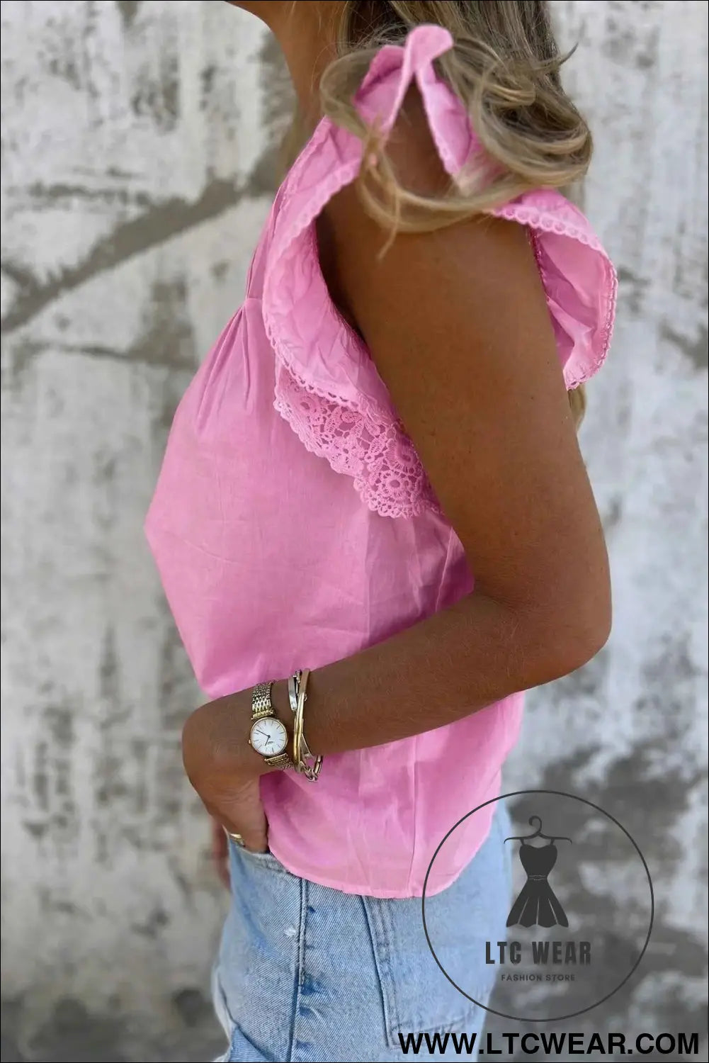 Bonbon Lace Detail Flutter Sleeve Pleated Round Neck Blouse