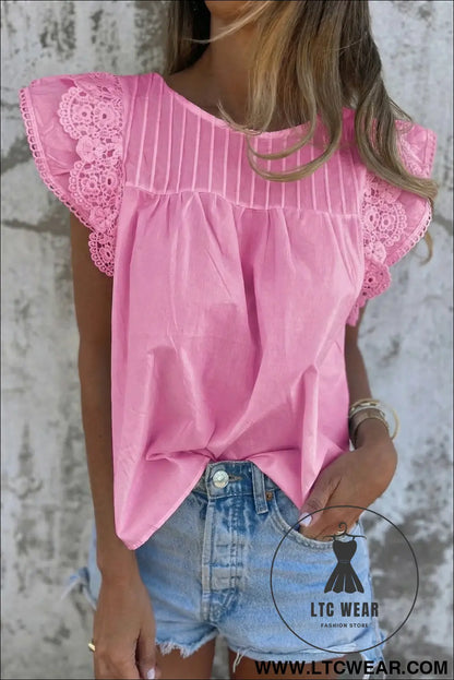Bonbon Lace Detail Flutter Sleeve Pleated Round Neck Blouse - L.T.C Wear Online Fashion Store