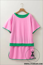 Bonbon plus size contrast trim t shirt and skort two piece set - plus size loungewear