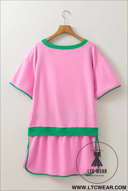 Bonbon plus size contrast trim t shirt and skort two piece set - plus size loungewear