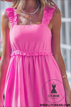 Bonbon Solid Color Ruffle Trim High Waist Sleeveless Maxi Dress