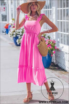 Bonbon Solid Color Ruffle Trim High Waist Sleeveless Maxi Dress