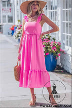 Bonbon Solid Color Ruffle Trim High Waist Sleeveless Maxi Dress