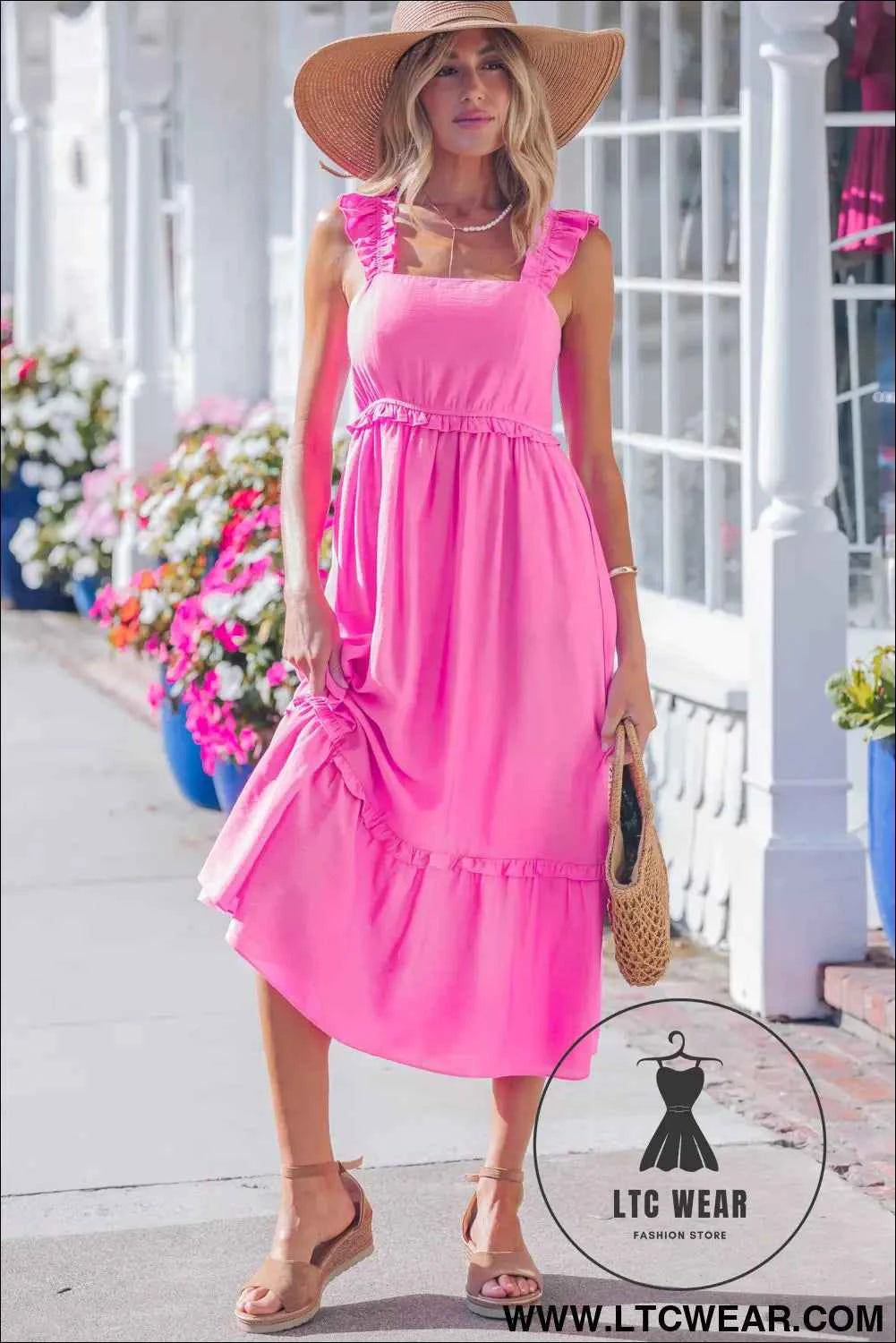 Bonbon Solid Color Ruffle Trim High Waist Sleeveless Maxi Dress