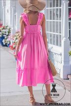 Bonbon Solid Color Ruffle Trim High Waist Sleeveless Maxi Dress
