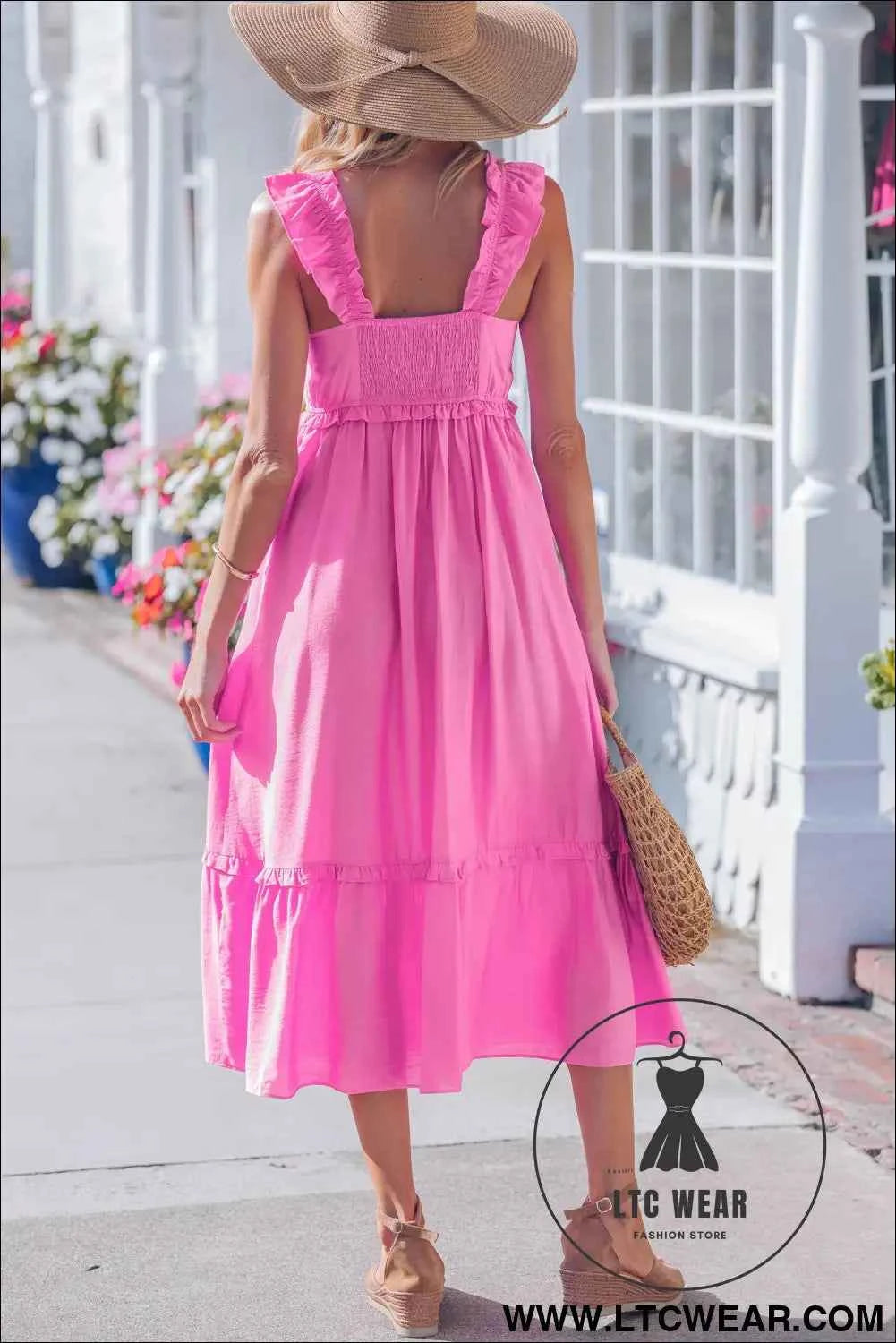 Bonbon Solid Color Ruffle Trim High Waist Sleeveless Maxi Dress