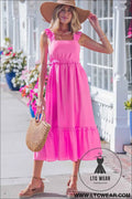 Bonbon Solid Color Ruffle Trim High Waist Sleeveless Maxi Dress