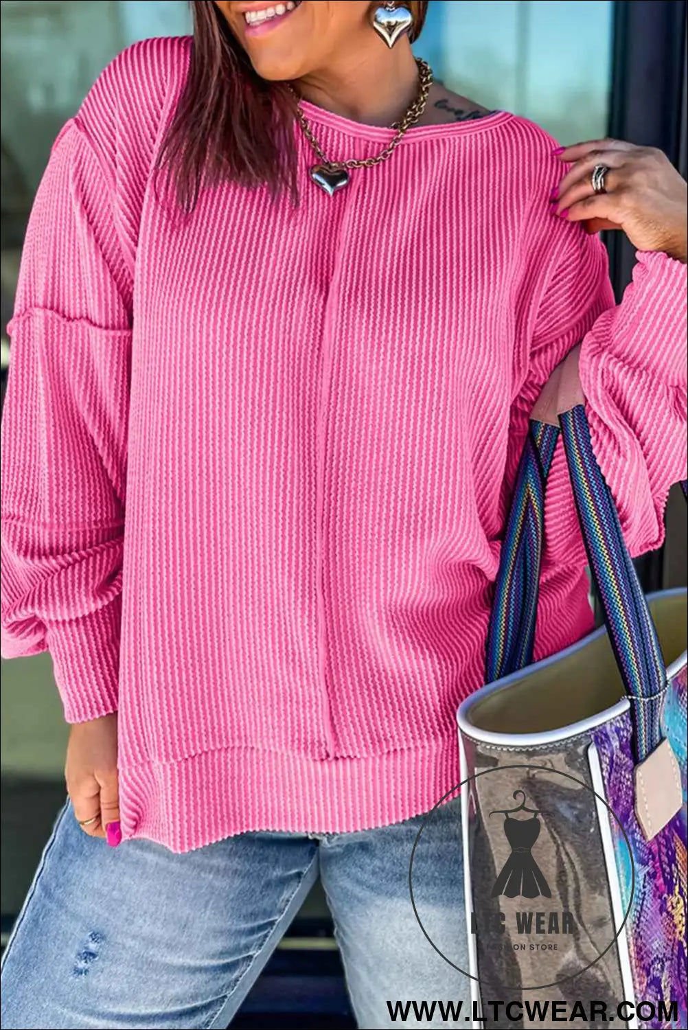 Bonbon Twist Ribbed Exposed Seam Detail Plus Size Top