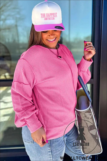Bonbon Twist Ribbed Exposed Seam Detail Plus Size Top