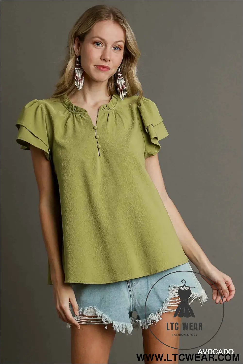 Boxy Cut Faux Button Ruffle Neckline Top With Short Layered Sleeves