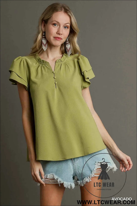Boxy Cut Faux Button Ruffle Neckline Top With Short Layered Sleeves