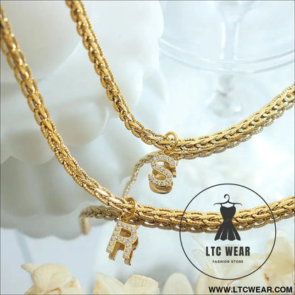 Brass inlaid zircon letter pendant necklace