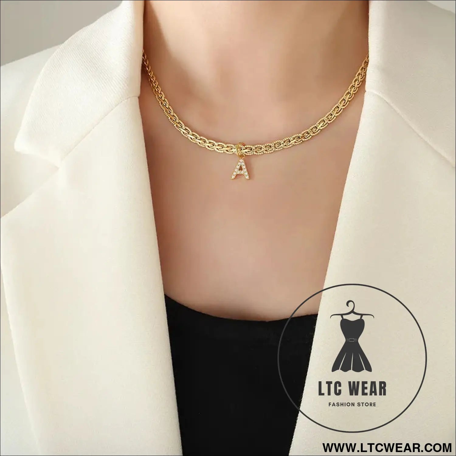 Brass inlaid zircon letter pendant necklace - style a / one size