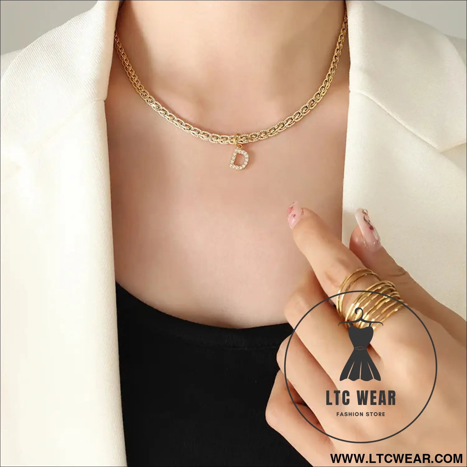 Brass inlaid zircon letter pendant necklace - style d / one size