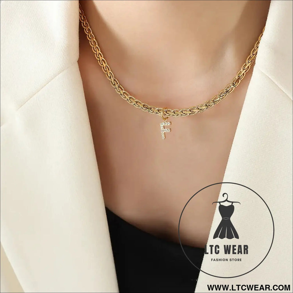Brass inlaid zircon letter pendant necklace - style f / one size