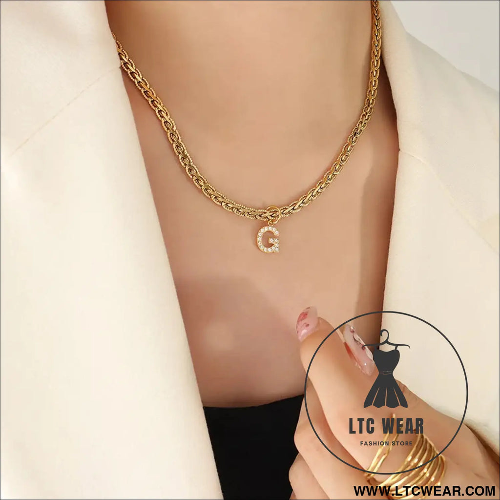 Brass inlaid zircon letter pendant necklace - style g / one size
