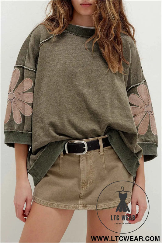Breen Mineral Wash Raw Seam Patchwork Flower Patched 3/4 Sleeve Oversize Top