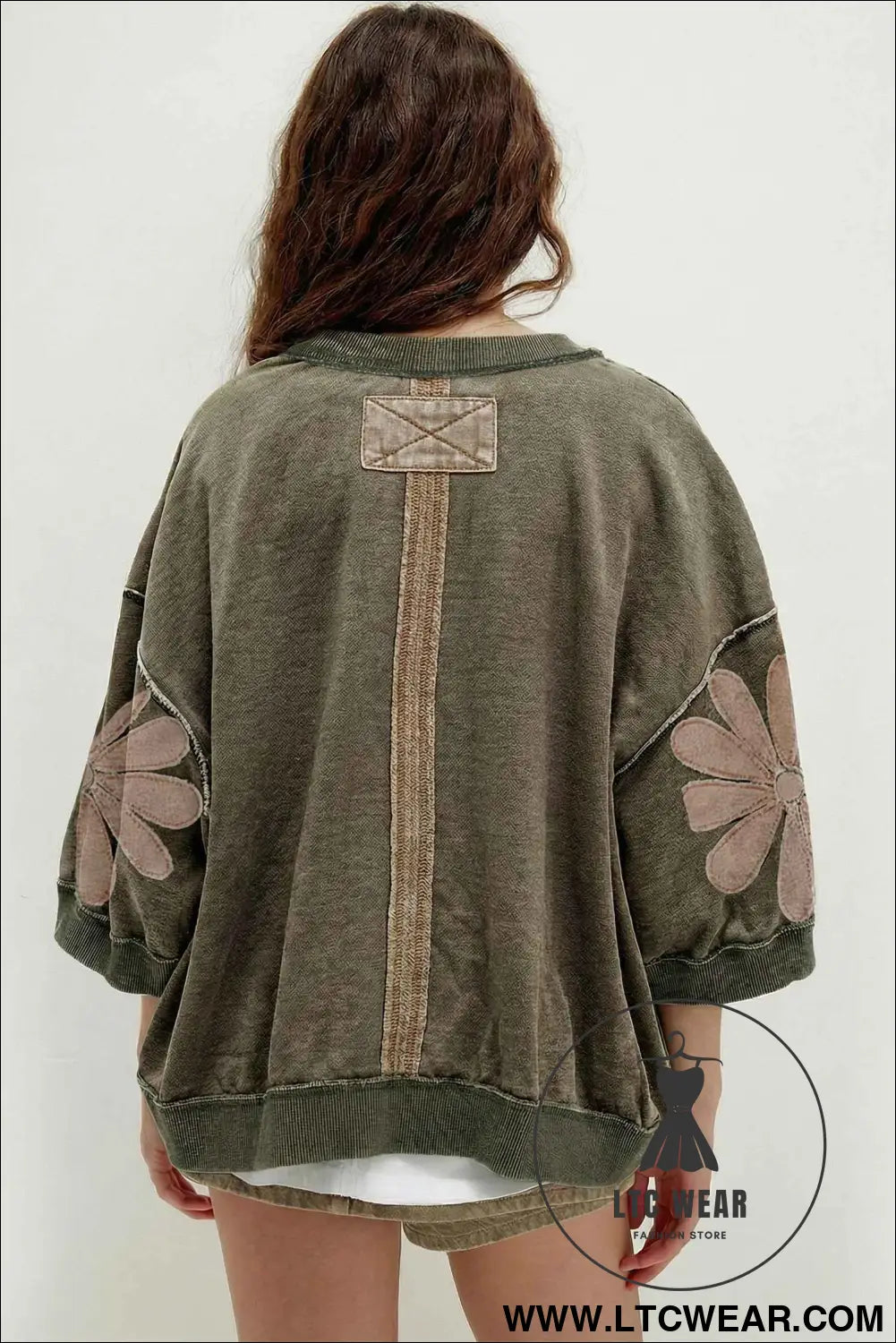 Breen Mineral Wash Raw Seam Patchwork Flower Patched 3/4 Sleeve Oversize Top
