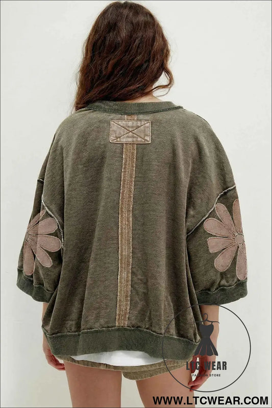 Breen Mineral Wash Raw Seam Patchwork Flower Patched 3/4 Sleeve Oversize Top
