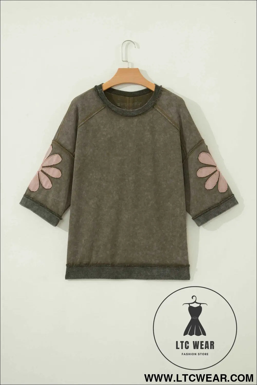 Breen Mineral Wash Raw Seam Patchwork Flower Patched 3/4 Sleeve Oversize Top