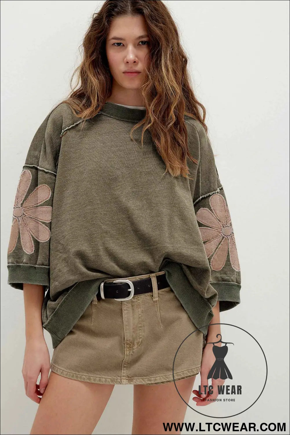 Breen Mineral Wash Raw Seam Patchwork Flower Patched 3/4 Sleeve Oversize Top