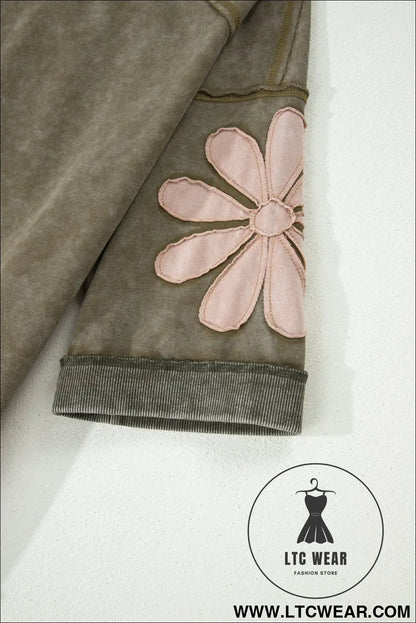 Breen Mineral Wash Raw Seam Patchwork Flower Patched 3/4 Sleeve Oversize Top - L.T.C Wear Online Fashion Store