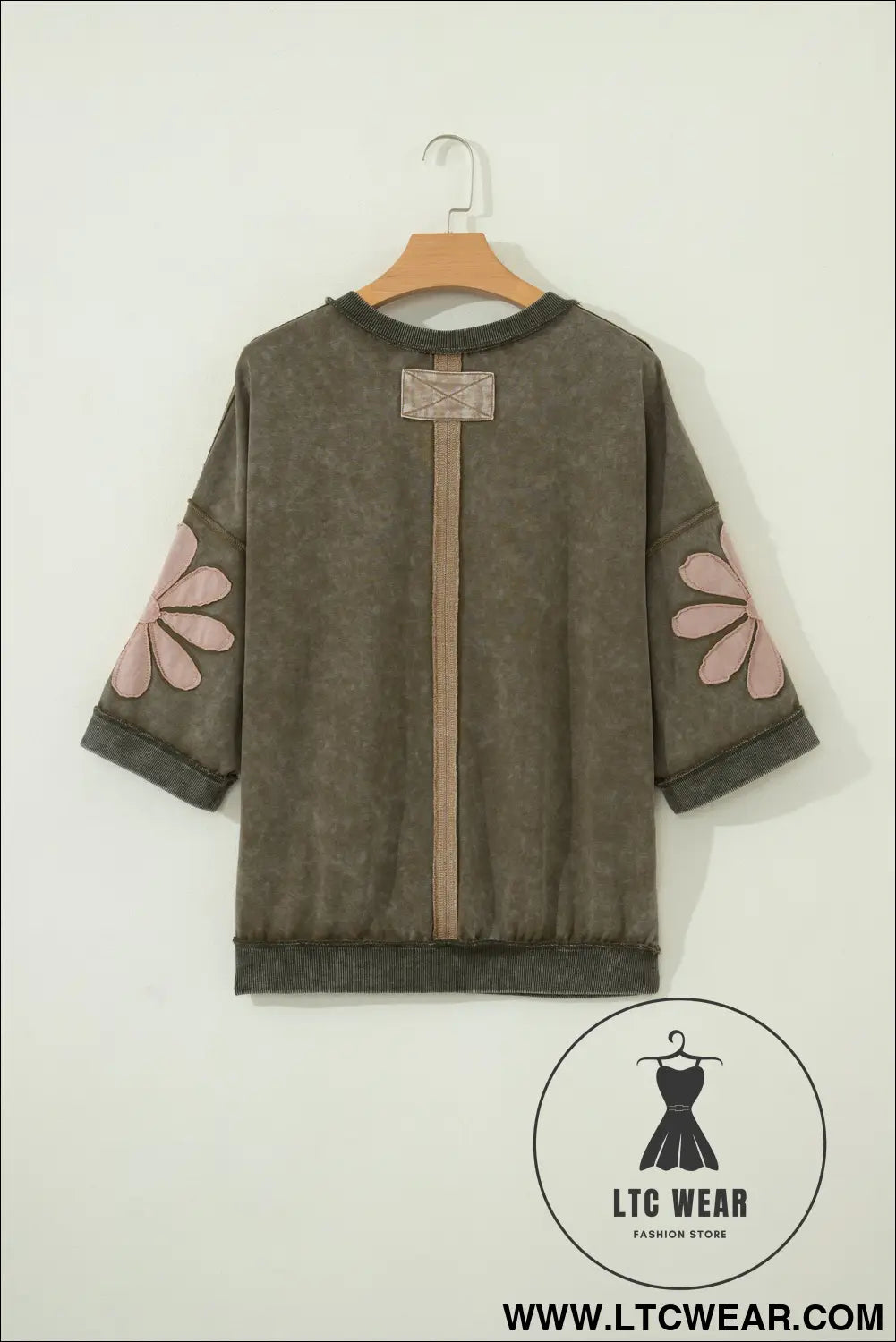 Breen Mineral Wash Raw Seam Patchwork Flower Patched 3/4 Sleeve Oversize Top - L.T.C Wear Online Fashion Store