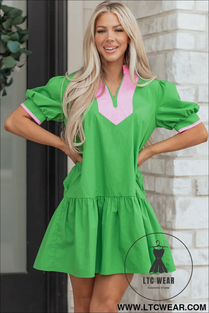 Bright Green Color Block Detail Split Neck Short Puff Sleeve Ruffle Hem Mini Dress - L.T.C Wear Online Fashion Store