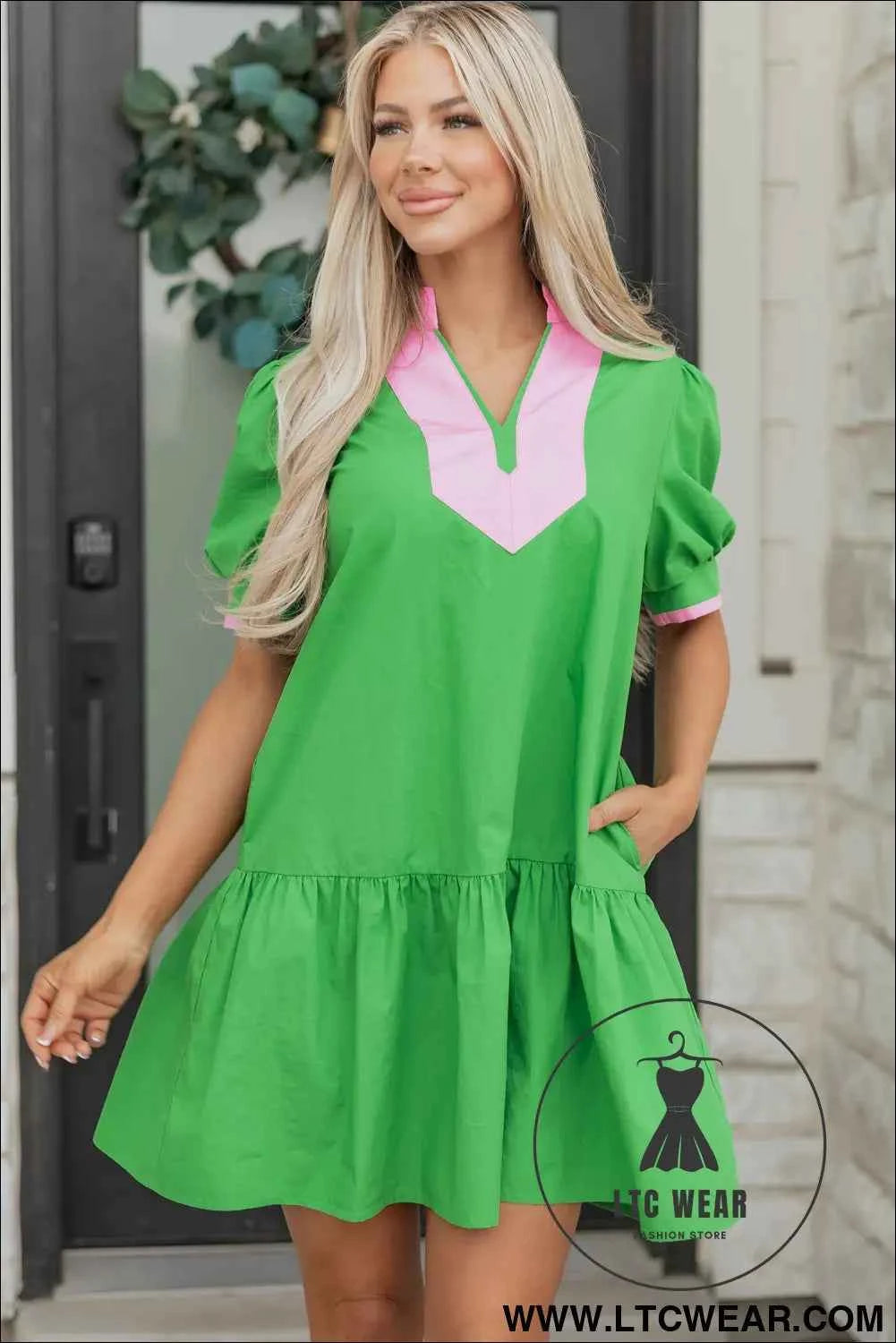 Bright Green Color Block Detail Split Neck Short Puff Sleeve Ruffle Hem Mini Dress