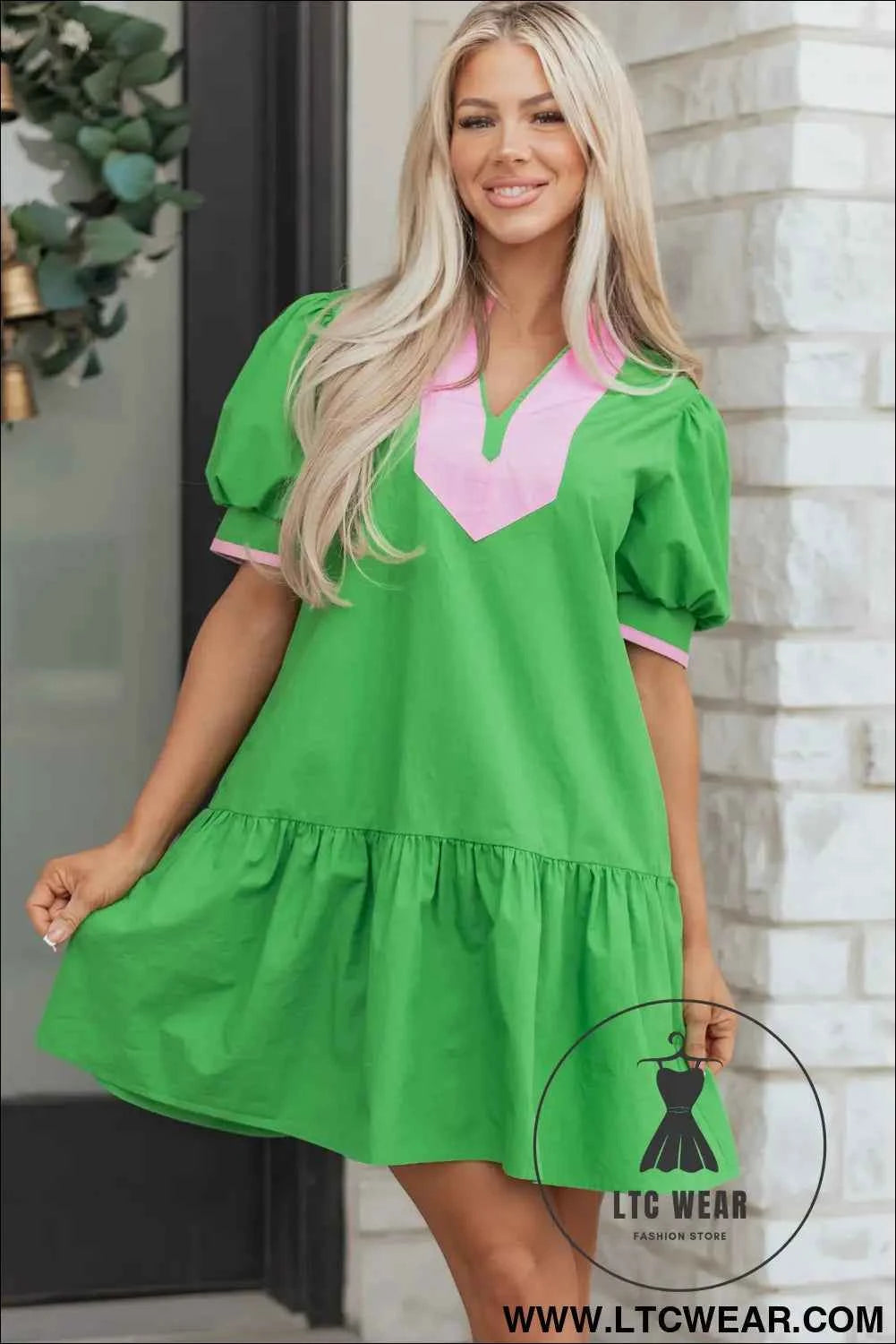 Bright Green Color Block Detail Split Neck Short Puff Sleeve Ruffle Hem Mini Dress