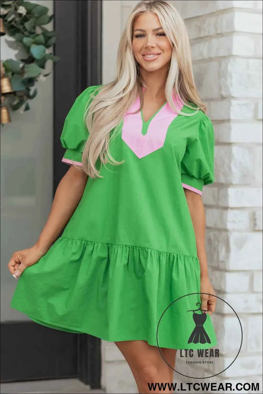 Bright Green Color Block Detail Split Neck Short Puff Sleeve Ruffle Hem Mini Dress