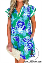 Green Floral V Neck Shift Dress with Pockets and White Trim