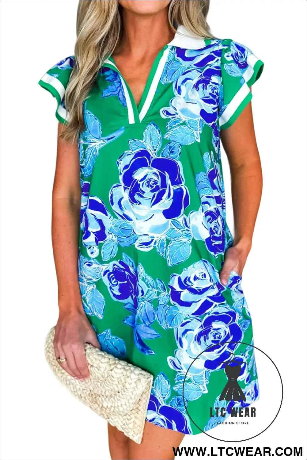 Green Floral V Neck Shift Dress with Pockets and White Trim