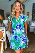Green Floral V Neck Shift Dress with Pockets and White Trim