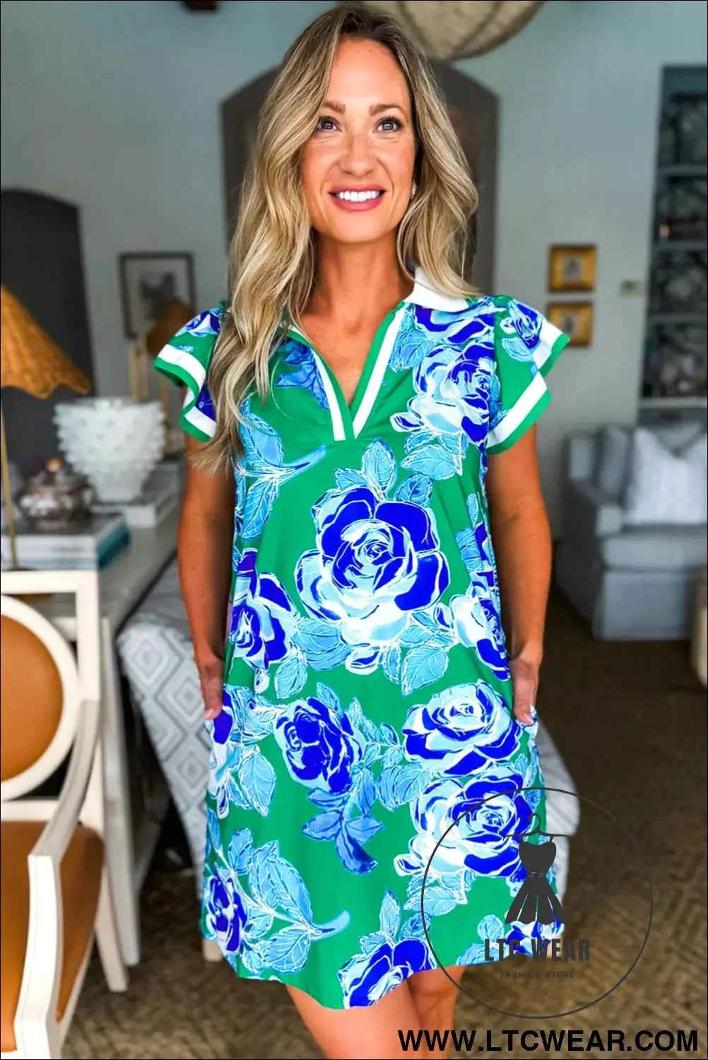 Green Floral V Neck Shift Dress with Pockets and White Trim