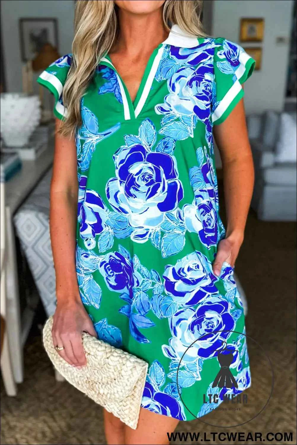 Green Floral V Neck Shift Dress with Pockets and White Trim